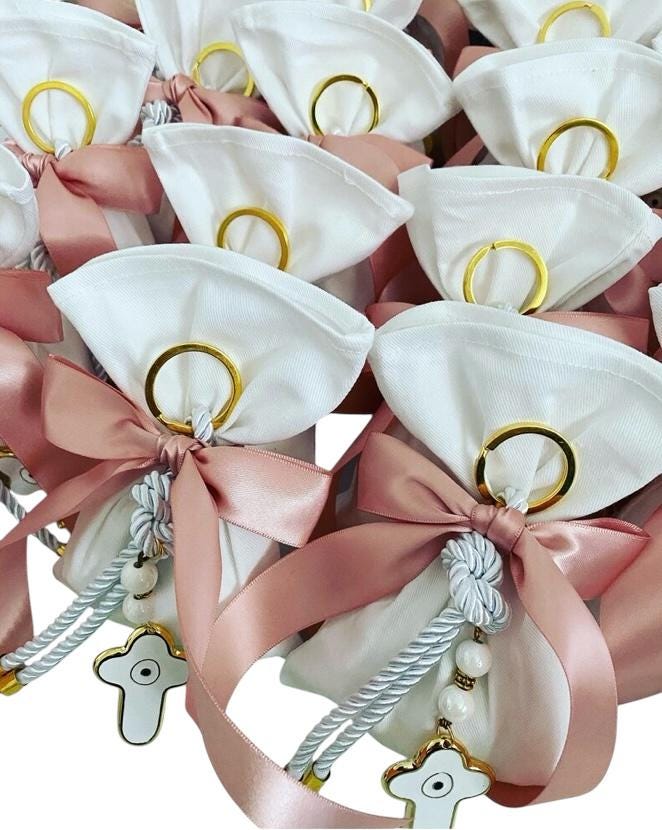 White Pouch Cross Keyring Girl Favors ,Greek Baptism, Christening Bonbonniere, Greek Bomboniere ,Mati ,Evil eye ,Girl Christening