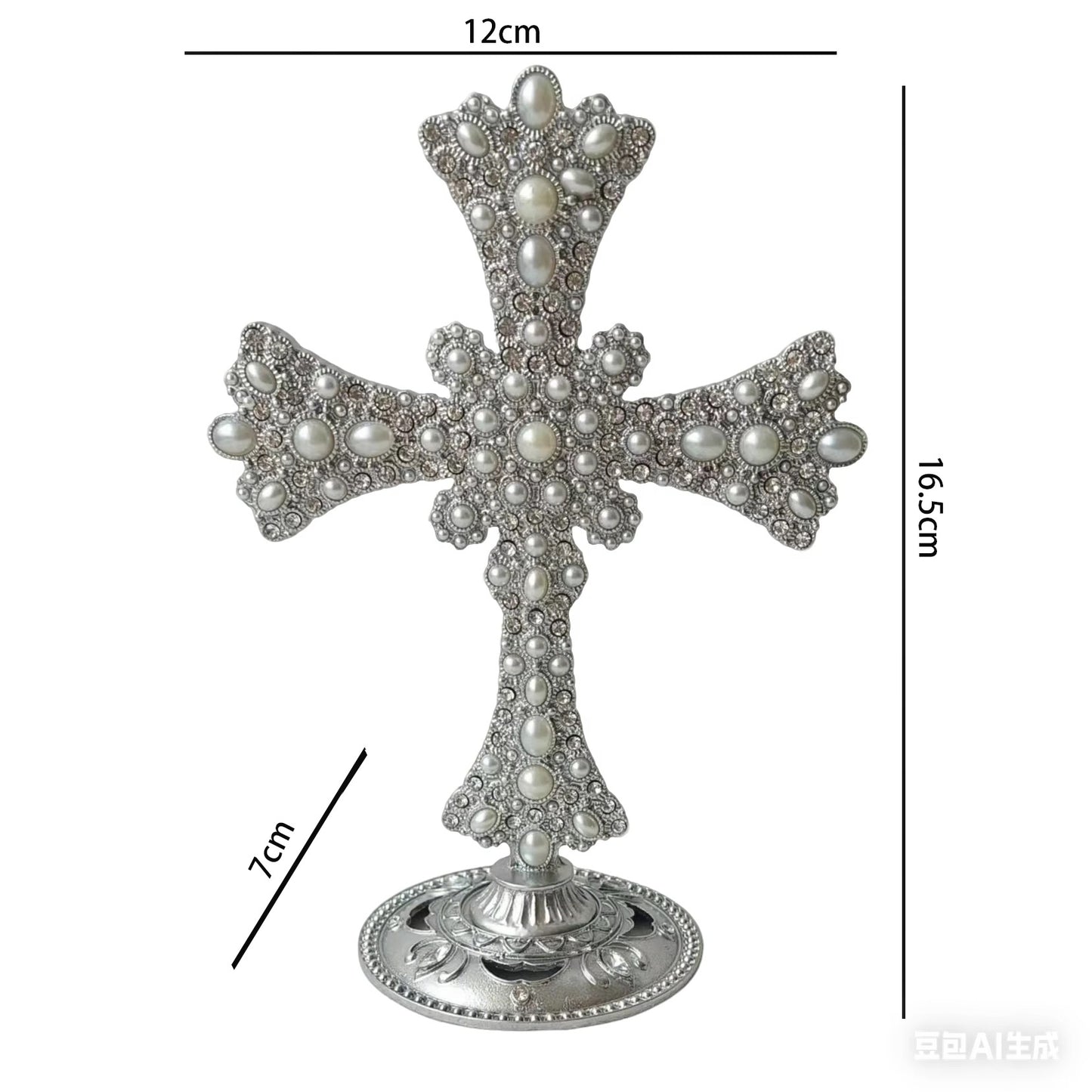 Tall stand  Pearl and stone encrusted cross .