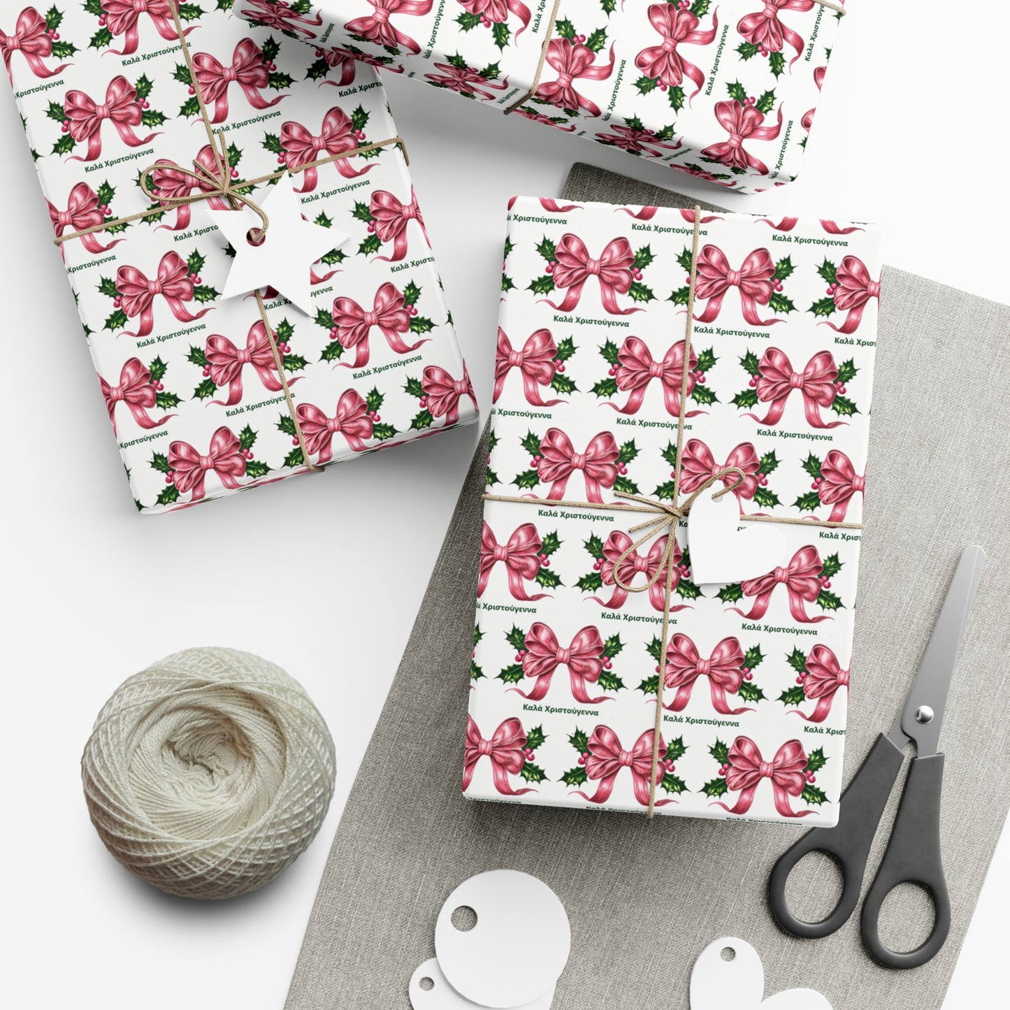 Greek Καλά Χριστούγεννα Christmas Gift Wrap Paper,Festive Gift Wrap Papers for Christmas, Holiday Wrapping Paper, Unique Gift Packaging, Floral Bow Designs, Eco-Friendly Gift