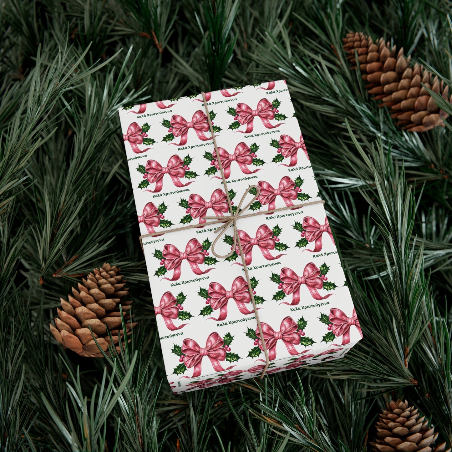 Greek Καλά Χριστούγεννα Christmas Gift Wrap Paper,Festive Gift Wrap Papers for Christmas, Holiday Wrapping Paper, Unique Gift Packaging, Floral Bow Designs, Eco-Friendly Gift