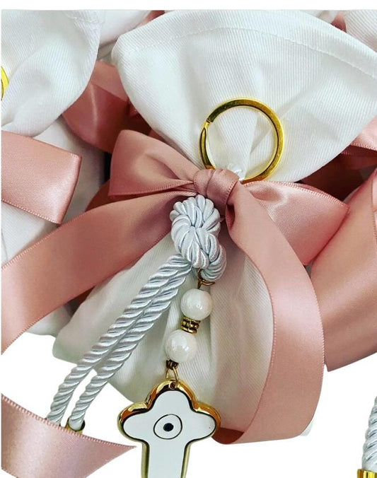 White Pouch Cross Keyring Girl Favors ,Greek Baptism, Christening Bonbonniere,  Greek Bomboniere ,Mati ,Evil eye ,Girl Christening